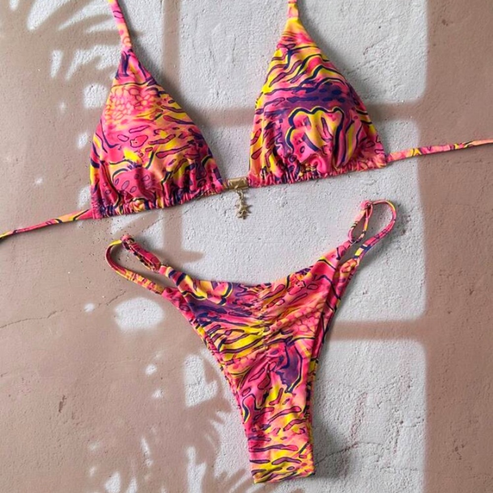 Vibrant Pink and Yellow Bikini Set L (10) large brand new swimwear women SHEIN